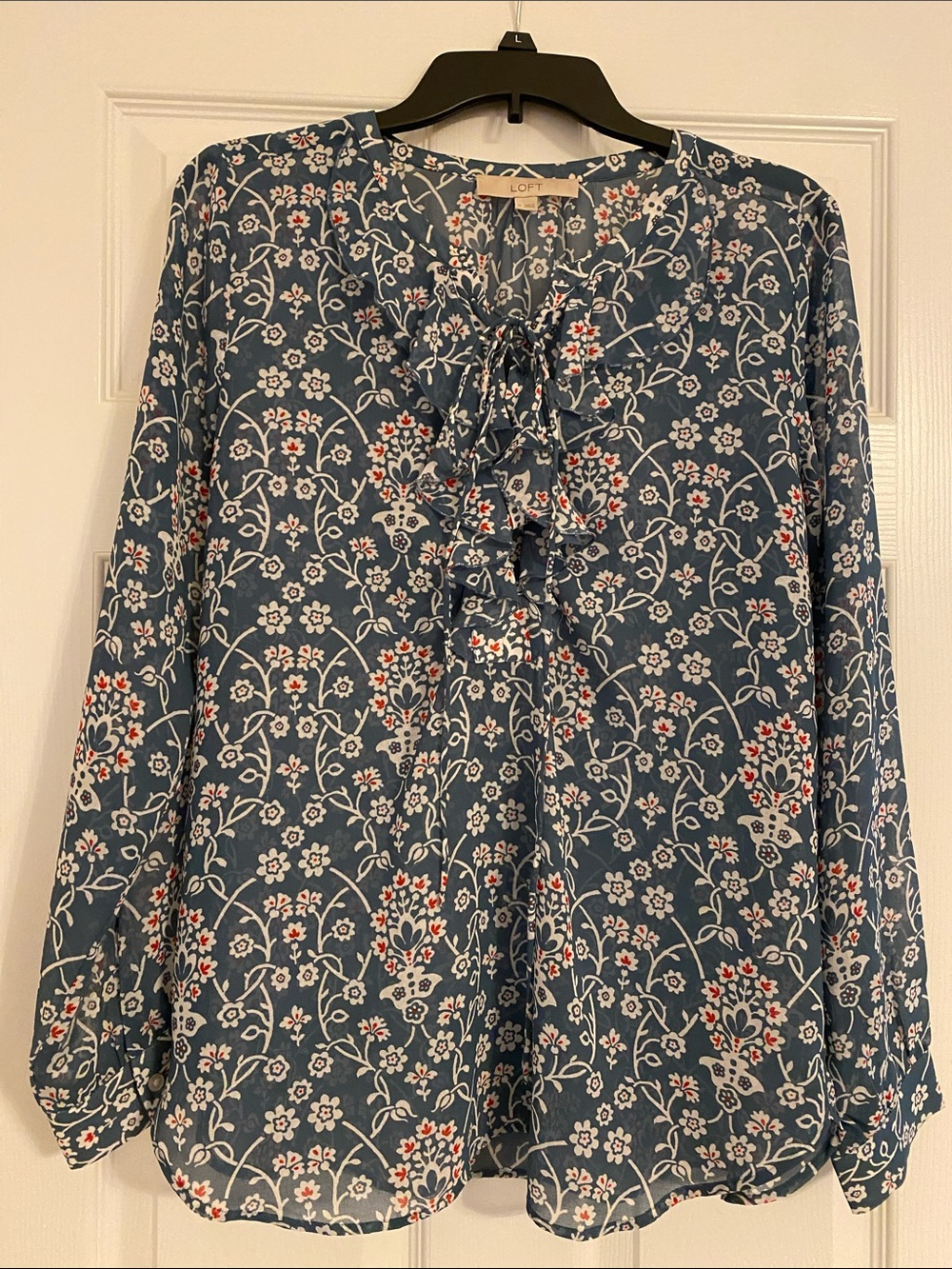 LOFT Blue Floral Ruffle Tie-Front Blouse